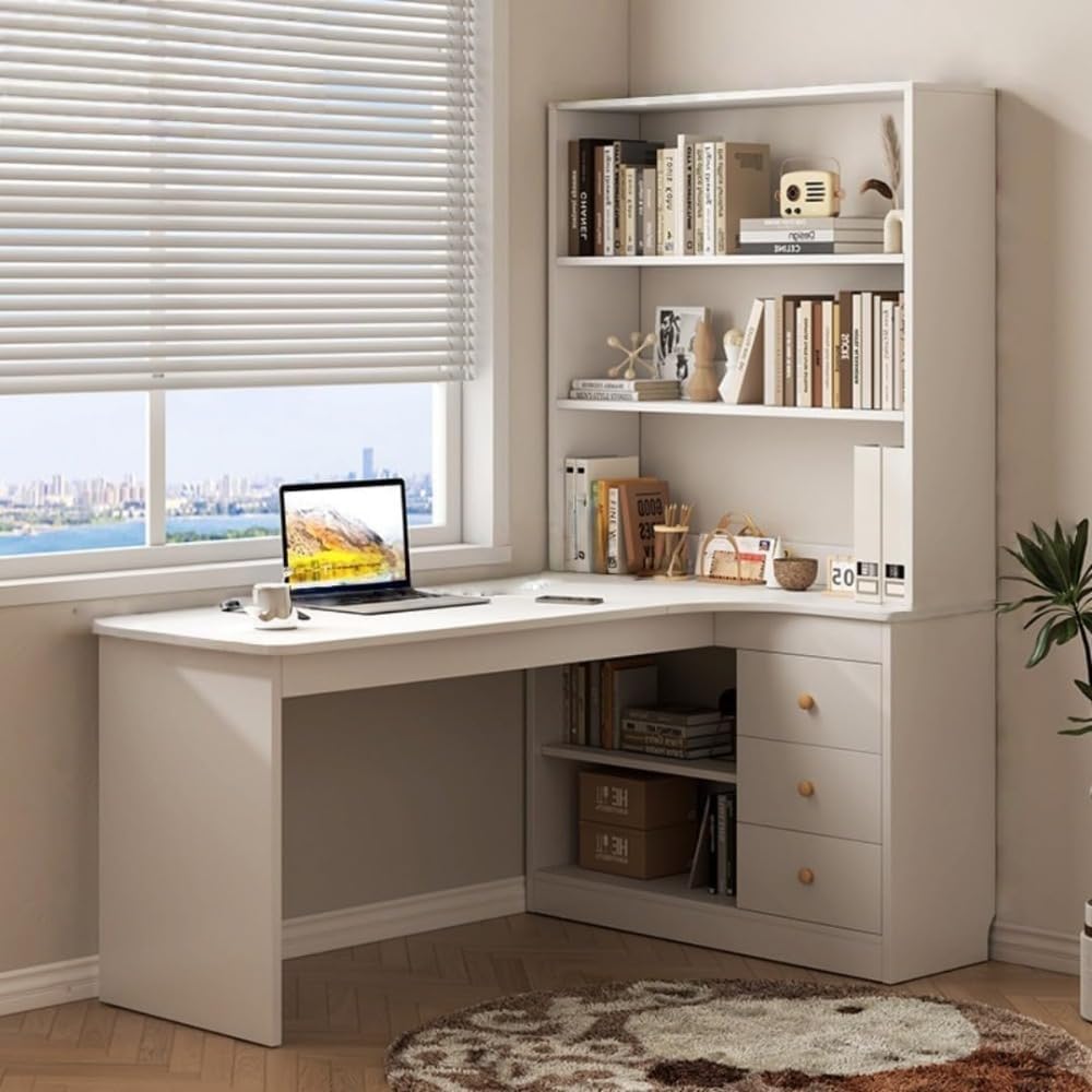 Student Corner L-Shaped Table, Corner Desktop Bookshelf and Cabinet Combination, Storage Drawer, 39.4 / 47.2 / 55.1 inches (100 / 120 / 140 cm), Space Saving, Easy Assembly, For Bedroom, Study or