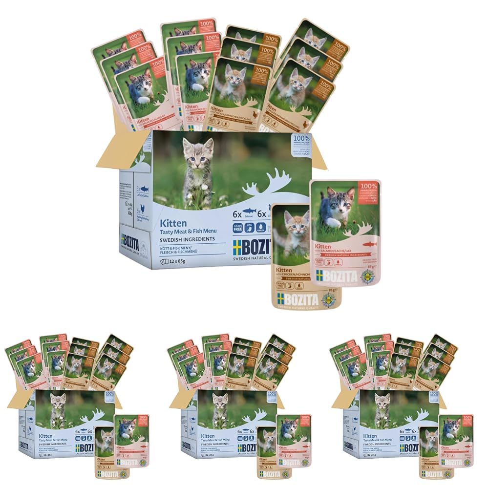 Bozita Nassfutter Häppchen in Sauce mit Fisch und Fleisch - 12x85g Portionsbeutel getreidefreies & weizenfreies Futter für Katzen - Katzennassfutter für Adult-Katzen mit 8,5% Protein & 4,5% Fettgehalt