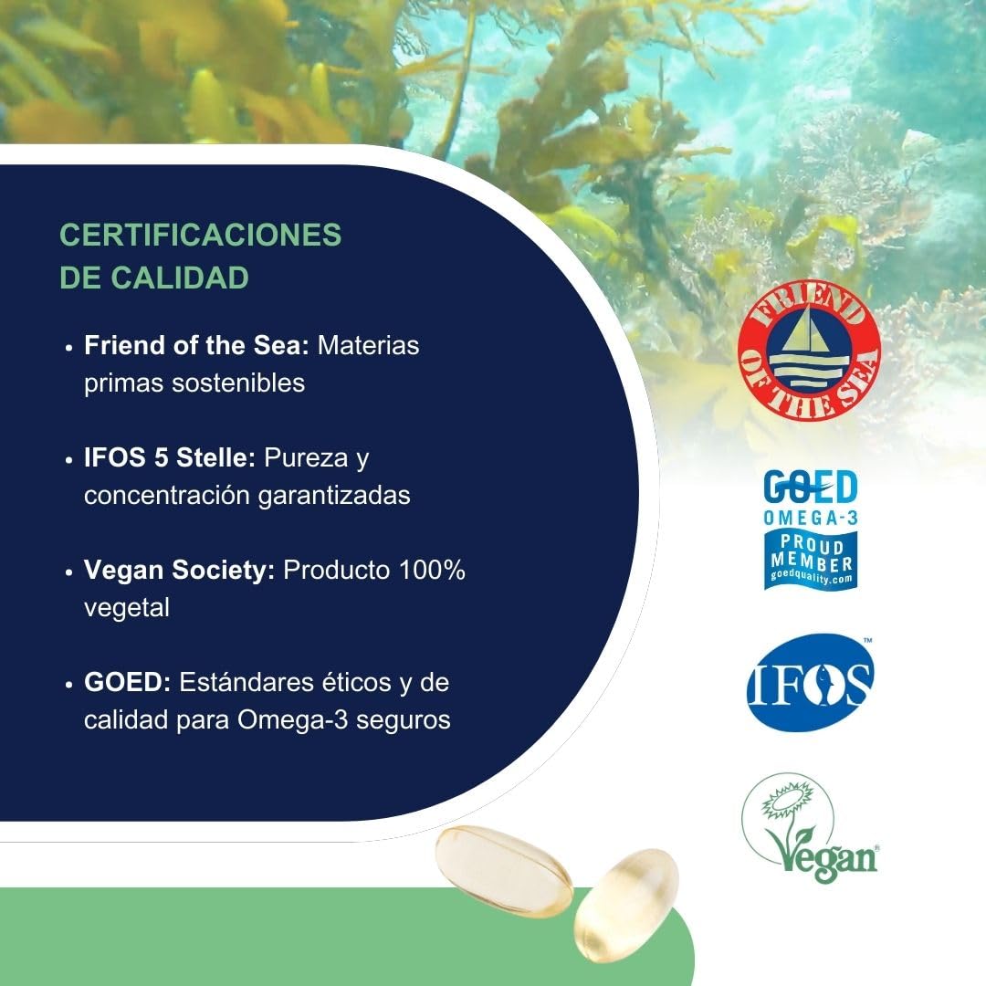 Omega 3 Vegano OMEGOR Veg (60 Cápsulas) Omega3 Algas Marinas Certificado IFOS y Vegan Society - EPA y DHA con Vitamina E