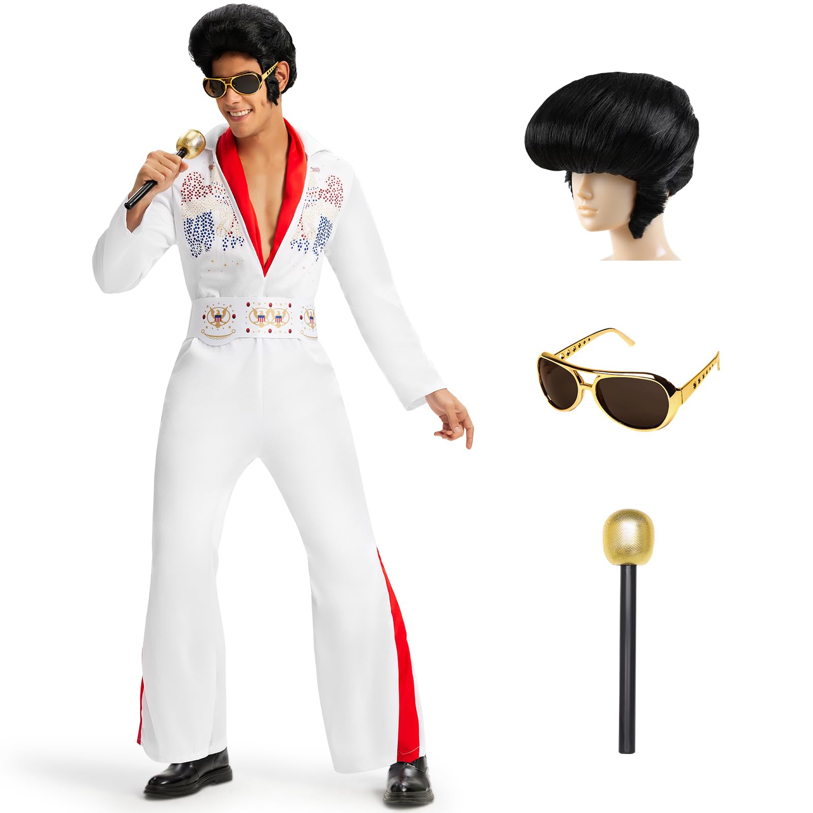 Ulikey Disfraz Elvis Presley Adulto, Disfraz Disco Hombre de Años 70 con Peluca de Elvis, Gafas de Sol, Micrófono, Bufanda Roja Disfraz de Rey Rock Hombre para Carnaval