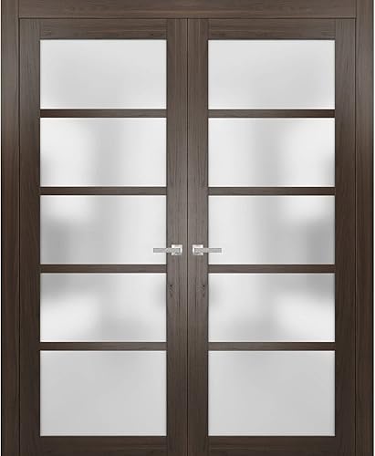 SARTODOORS Puertas dobles francesas macizas de vidrio esmerilado de 56 x 84 pulgadas | Quadro 4002 ceniza de chocolate | Marcos de panel sólido de