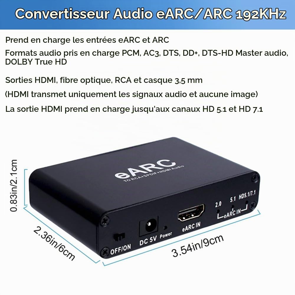 Convertisseur audio HDMI taux d'échantillonnage 24bit/192KHz, retour ARC, canaux HD 5.1 et 7.1, convertisseur audio RCA 3.5mm, supporte les entrées eARC & ARC