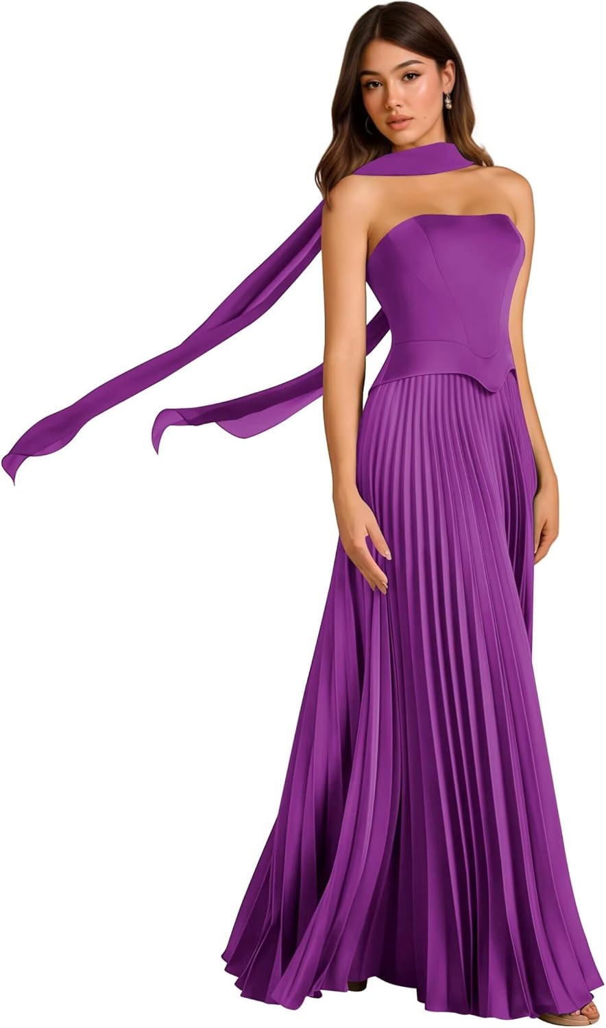 Fashionbride Strapless Satin Bridesmaid Dresses with Scarf A Line Pleated Prom Dress Long Formal Evening Gown AP109