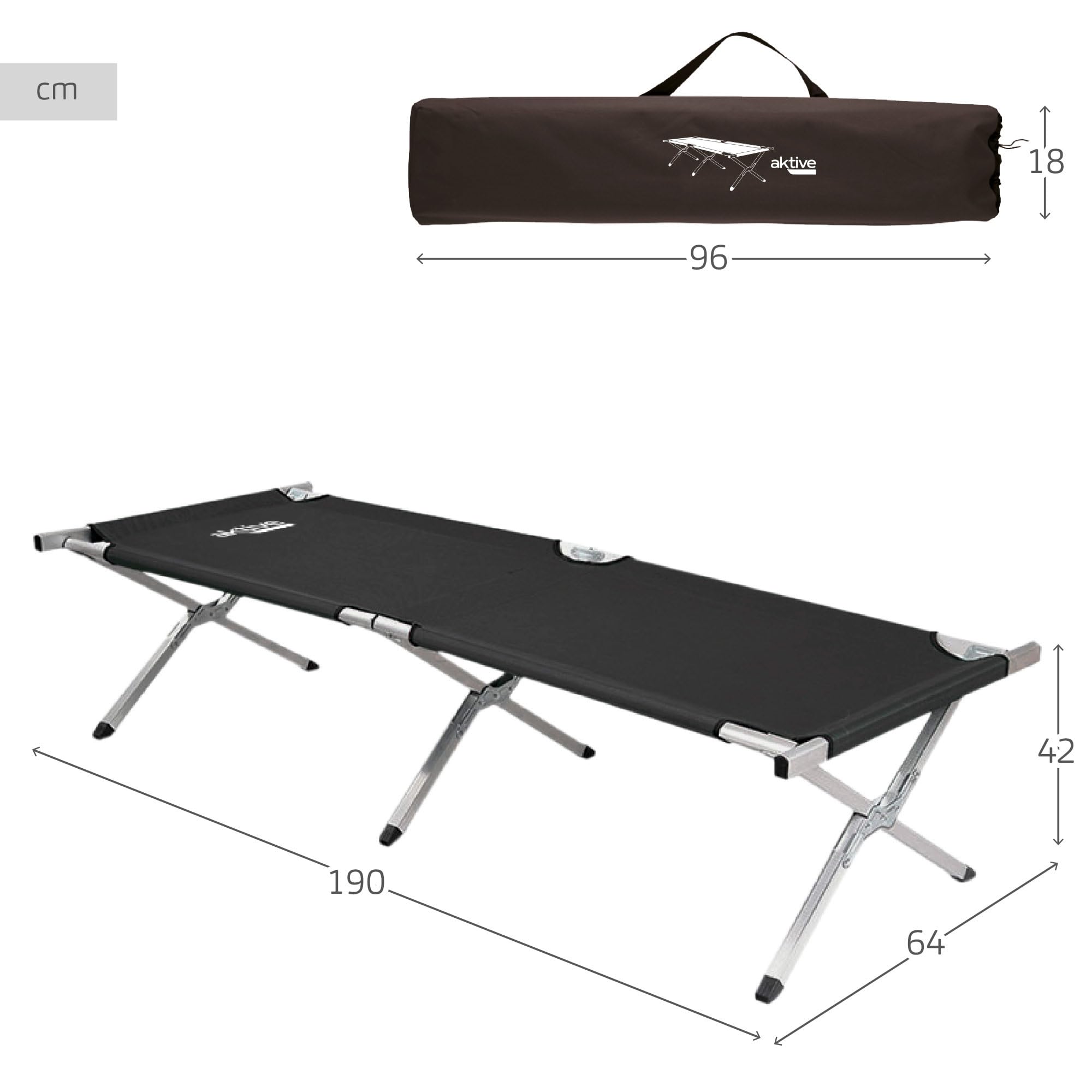 AKTIVE Cama plegable Camping, Cama portátil de fácil transporte, Medidas 190x64x42 cm, Plegado fácil, antideslizante, Con asa de transporte, Accesorios camping (52991)