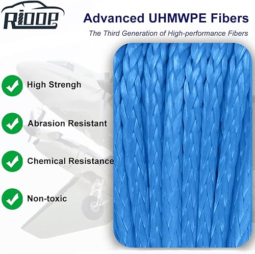 Miniatura 3 de RIOOP Cuerda de cabrestante sintética, línea de cable de cabrestante de 14 pulgadas x 50 pies 9,500 libras con funda protectora para ATV UTV (azul)
