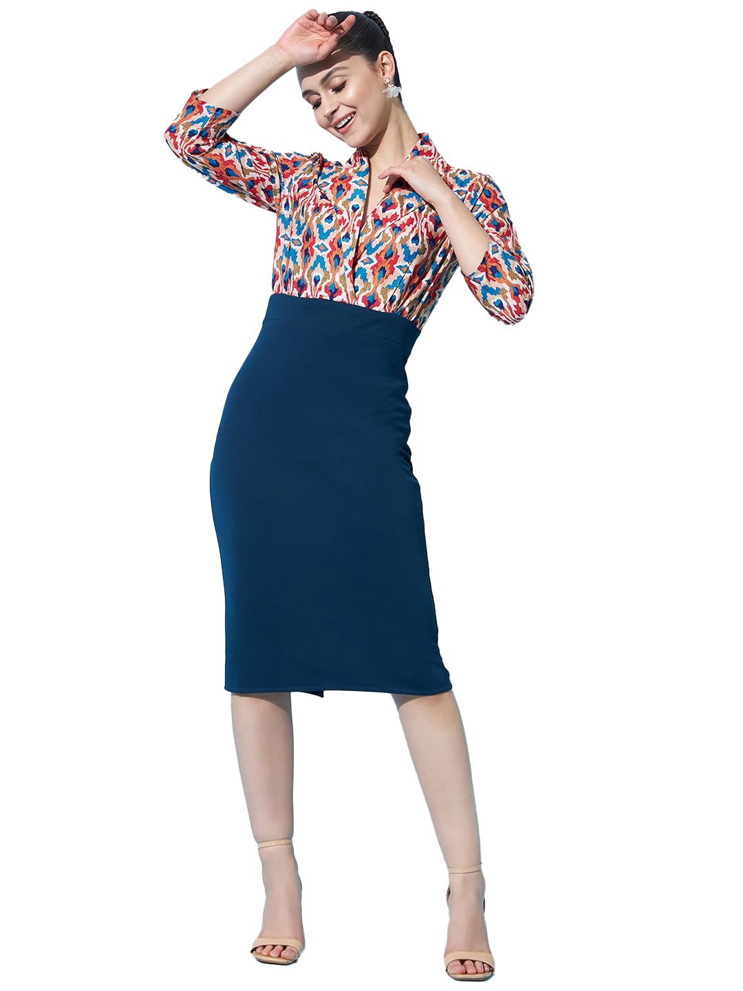 Athena Lifestyle Women and Girls Polyester Bodycon V-Neck Block Print Knee 3/4 Sleeveth Teal Party Dress Athena Lifestyle Women and Girls Polyester Bodycon V-Neck Block Print Knee 3/4 Sleeveth Teal Party Dress