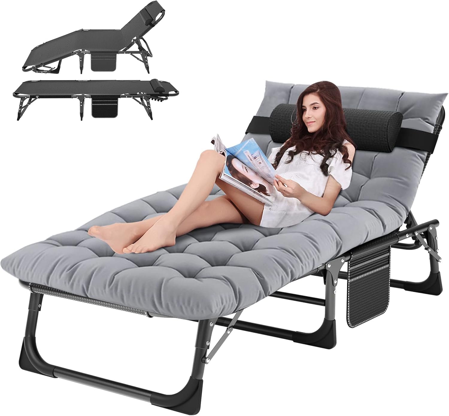Ryuhic Sun Lounger for Garden, Adjustable Sunloungers with Cushion and Headrest, Folding Camping Bed for Adults 200KG Capacity, Oversized Guest Bed Lounge Chair for Patio Pool Office and Beach