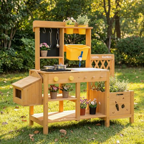 Wooden Mud Kitchen for Kids Outdoor Play Kitchen with Real Running Water Sink Mud Table Gravity Water Tank Planting Box Critter Observation Box 9-Pc Accessory Kit Toddler Gift Age 3+