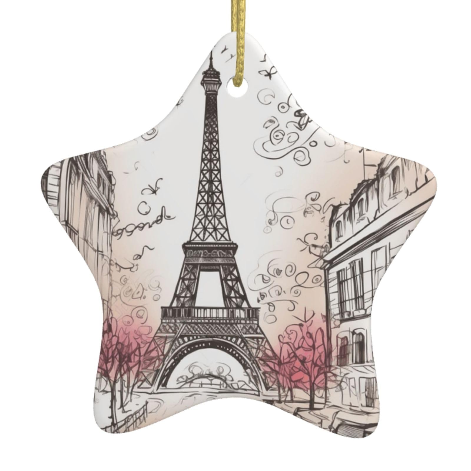 Ceramic Christmas Tree Hanging Ornaments with Gold Ropes Christmas Tree Decorations Star Ceramic French Paris Tour Eiffel Tower Pendant Keepsake Decorations for Holiday Xmas Gift Ideas
