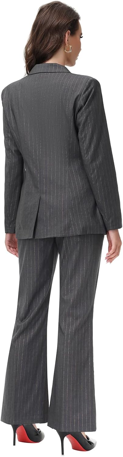 Lamgool Women's Pinstrip Suit Gold Lines 2 Pieces Slim Fit Business Blazer Flared Pants Set for Work - Image 5
