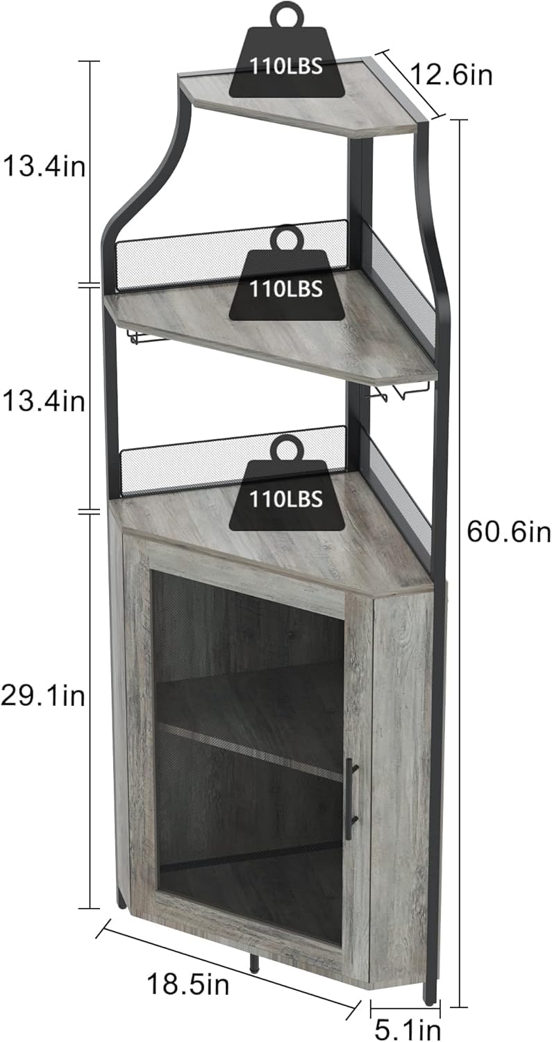 Armadietto angolare in legno con 2 supporti in vetro, armadio ad angolo con ante in metallo e 4 ripiani, cucina con superficie di lavoro, mobili da bar per ingresso, soggiorno, cucina (152 x 90 x 32