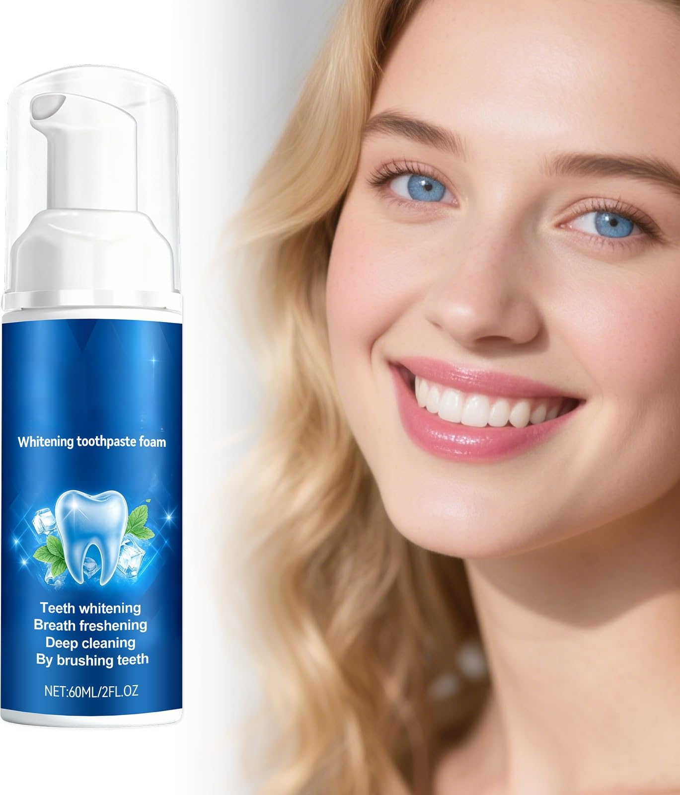 Espuma blanqueadora de menta portátil for iluminar los dientes diariamente, cuidado bucal refrescante, fácil de aplicar con cepillo, limpieza suave(2pcs)