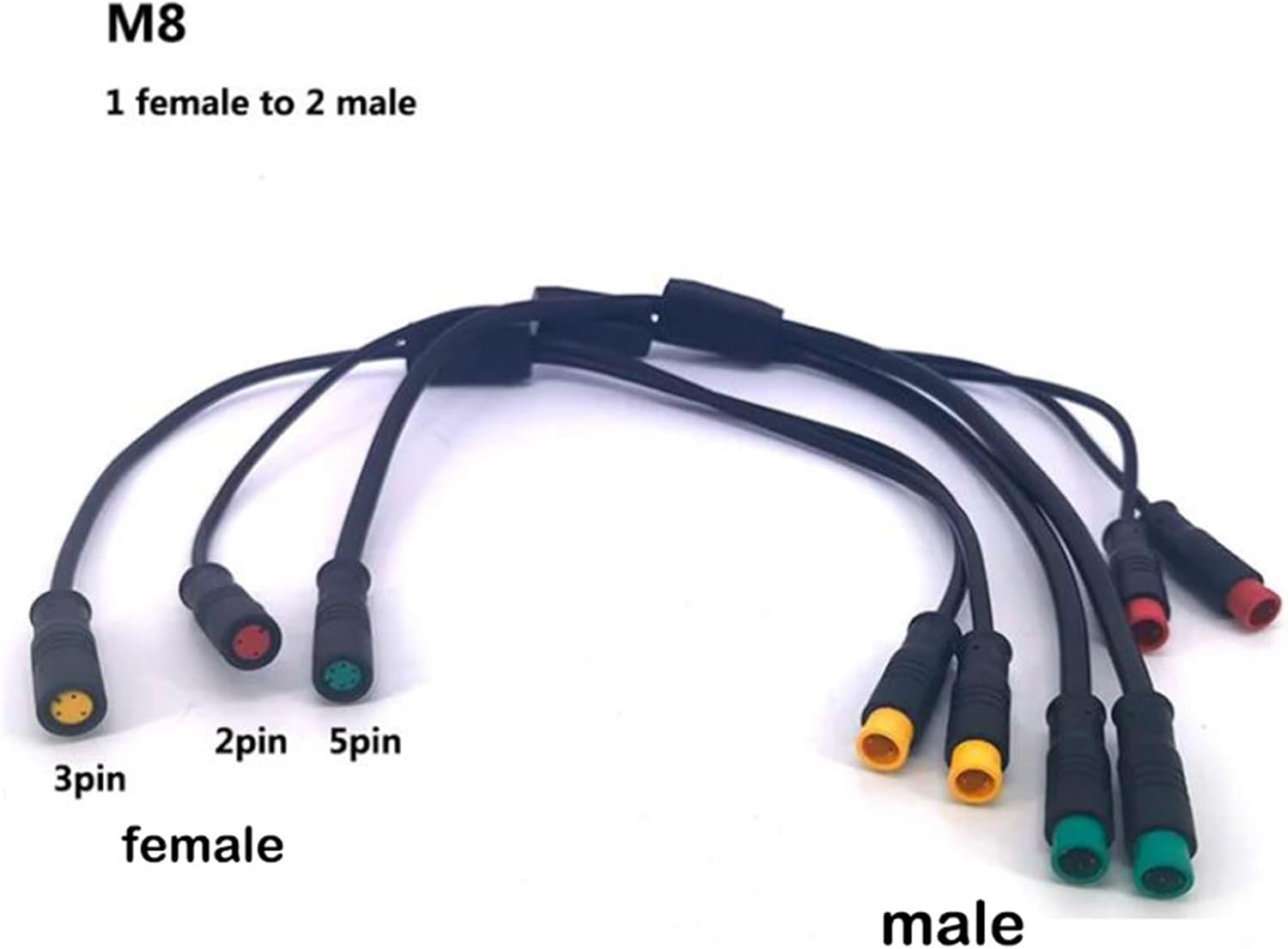 M8 1 Female Male to 2 Female Male 2/3/4/5/6pin DC Splitter Sensor Connector Cable Waterproof Electric Bicycle(5pin Mto2F)
