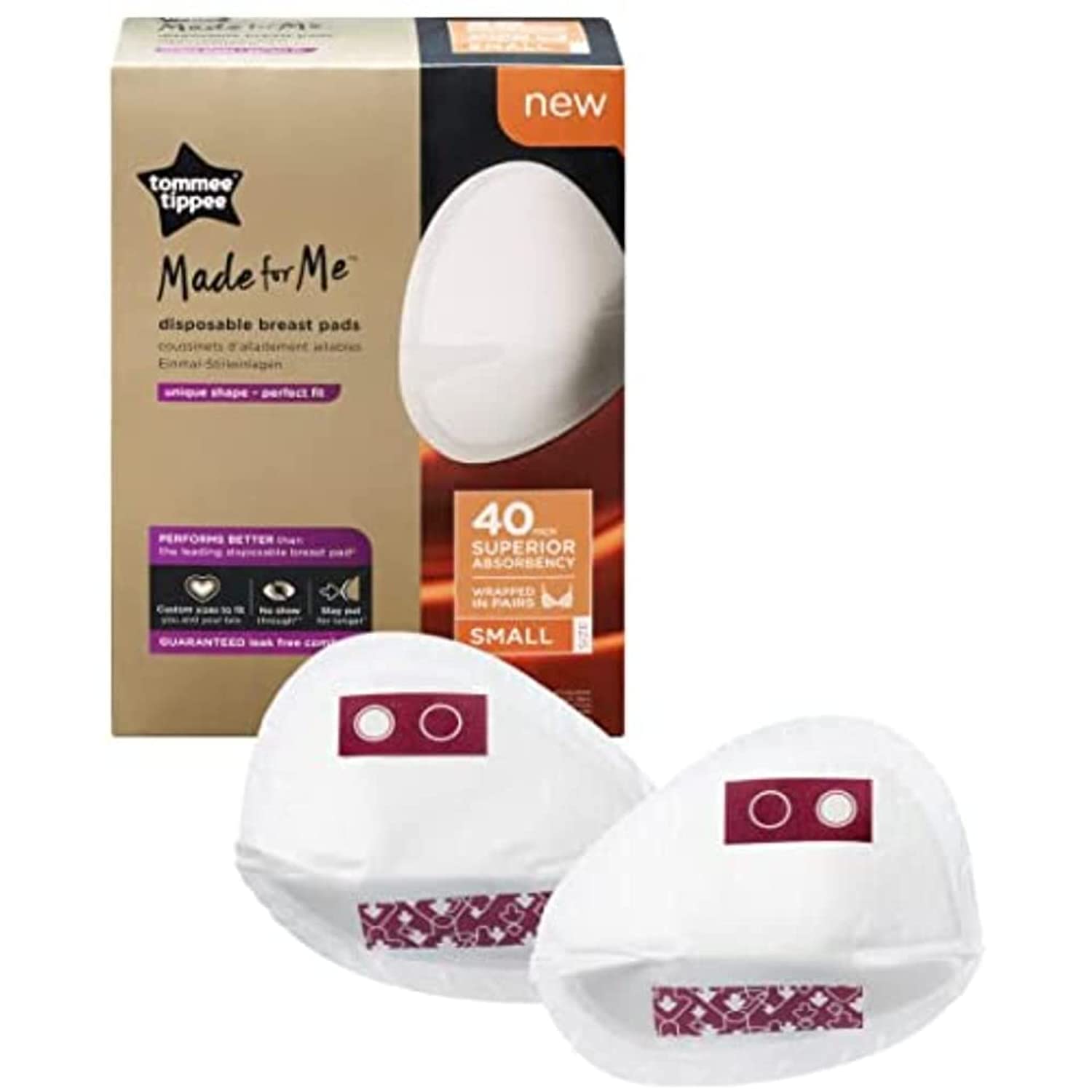 Tommee Tippee Made for Me Daily Disposable Breast Pads, Soft, Absorbent and Leak-Free, Contoured Shape, Adhesive Patch, Small, Pack of 40