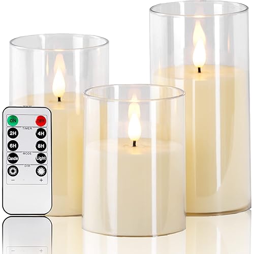 iplacer Ivory Flameless Pillar Candles Battery Operated with Remote Control and Timer, Perspex LED Flashing Electric Candles with 3D Flame Set of Three (D:3"×H:4" 5" 6")