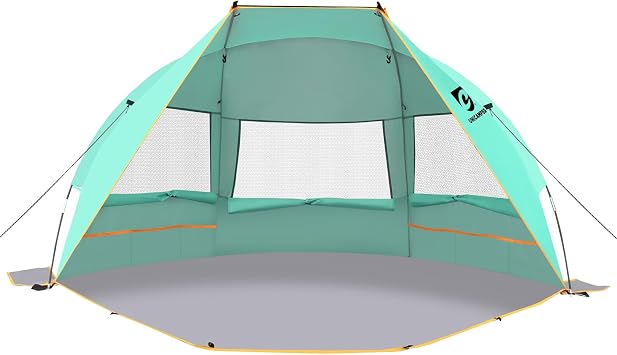 Unicamper Beach Tent 3 Person Sun Shelter UPF 50+ with Extended Waterproof Pe Floor & 3 Mesh Roll Up Windows Fits, Portable Beach Shade Easy Setup for Outdoor Camping, Indoor, Fishing, Yard. Green