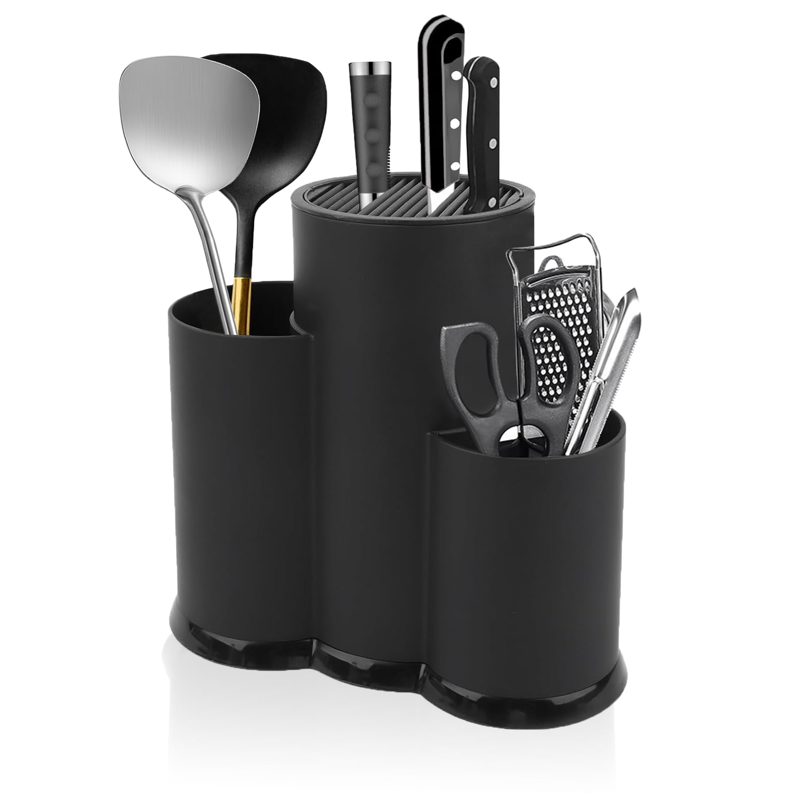 3 in 1 Ceppo Coltelli da Cucina, Ferroso Ceppo Coltelli Vuoto, Nero Porta Coltelli Cucina, Ceppo Portacoltelli da Cucina Con Foro Scarico e Slot Porta, Blocco Porta Coltelli Tondo per Cucina