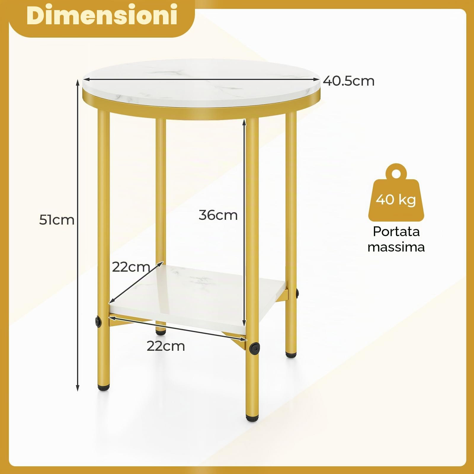 LIFEZEAL Tavolino rotondo moderno con ripiano in marmo sintetico e ripiano in metallo robusto a due livelli per soggiorno, camera da letto e ufficio