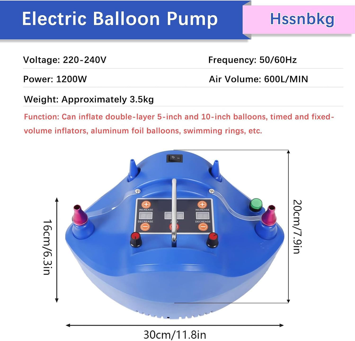 Elektryczna pompka do balonów z cyfrowym timerem (0-999s) i pedałem nożnym, regulowana prędkość, 2 porty, mocny silnik 1200W na przyjęcia i wesela,blue