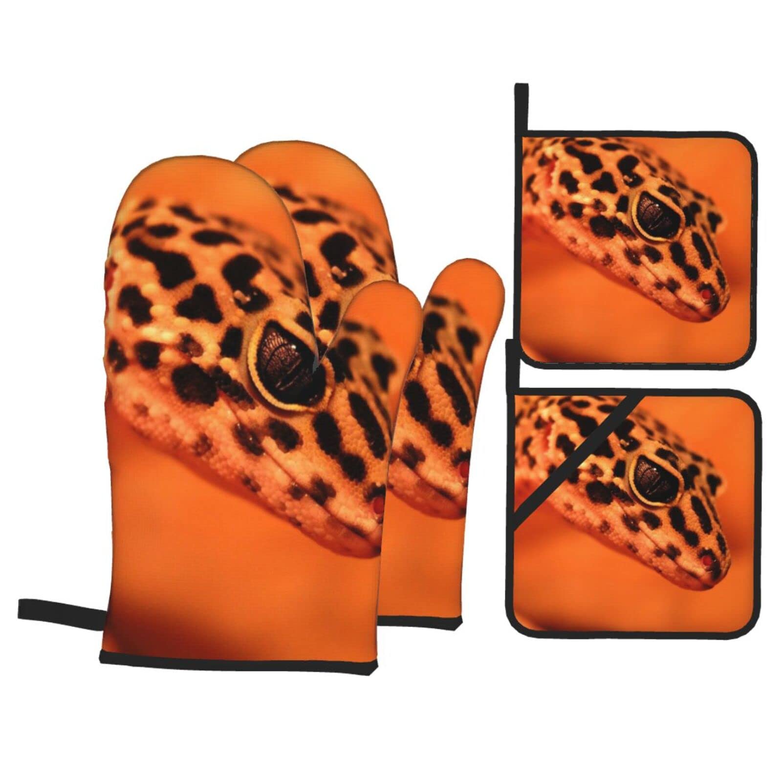 Leopard Little Gecko Print Kitchen Baking Four Piece Set of Heat Resistant Thick Cotton Oven Mitts for Cooking, Baking and Grilling