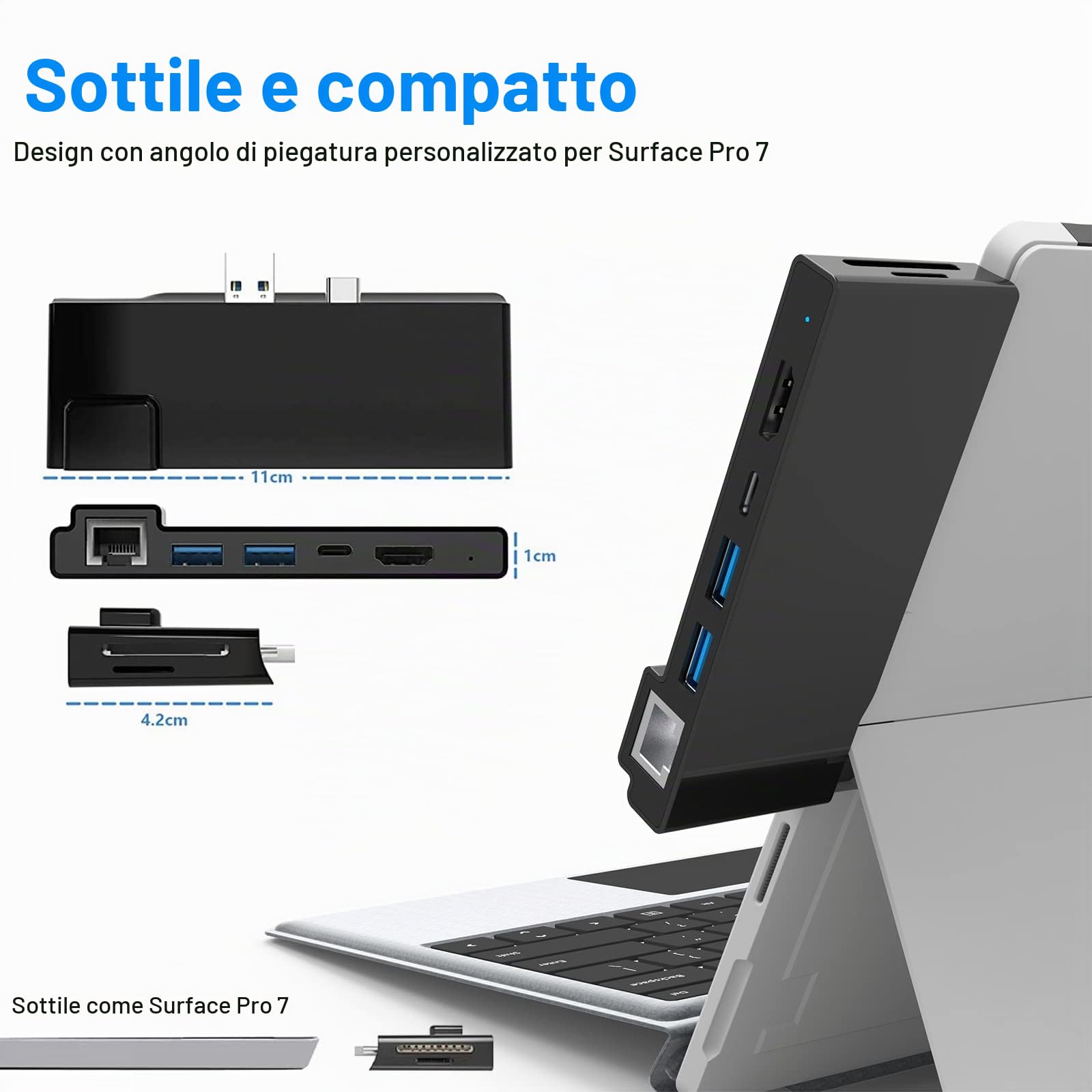 Surface Pro 7 Hub, Rocketek 7-in-1 Microsoft Surface Pro 7 dock con HDMI 4K / 60Hz, Adattatore Ethernet 1000M, PD 60W Type-C Caricare, slot SD/TF, 2 porte USB 3.0 - solo per Surface Pro 7
