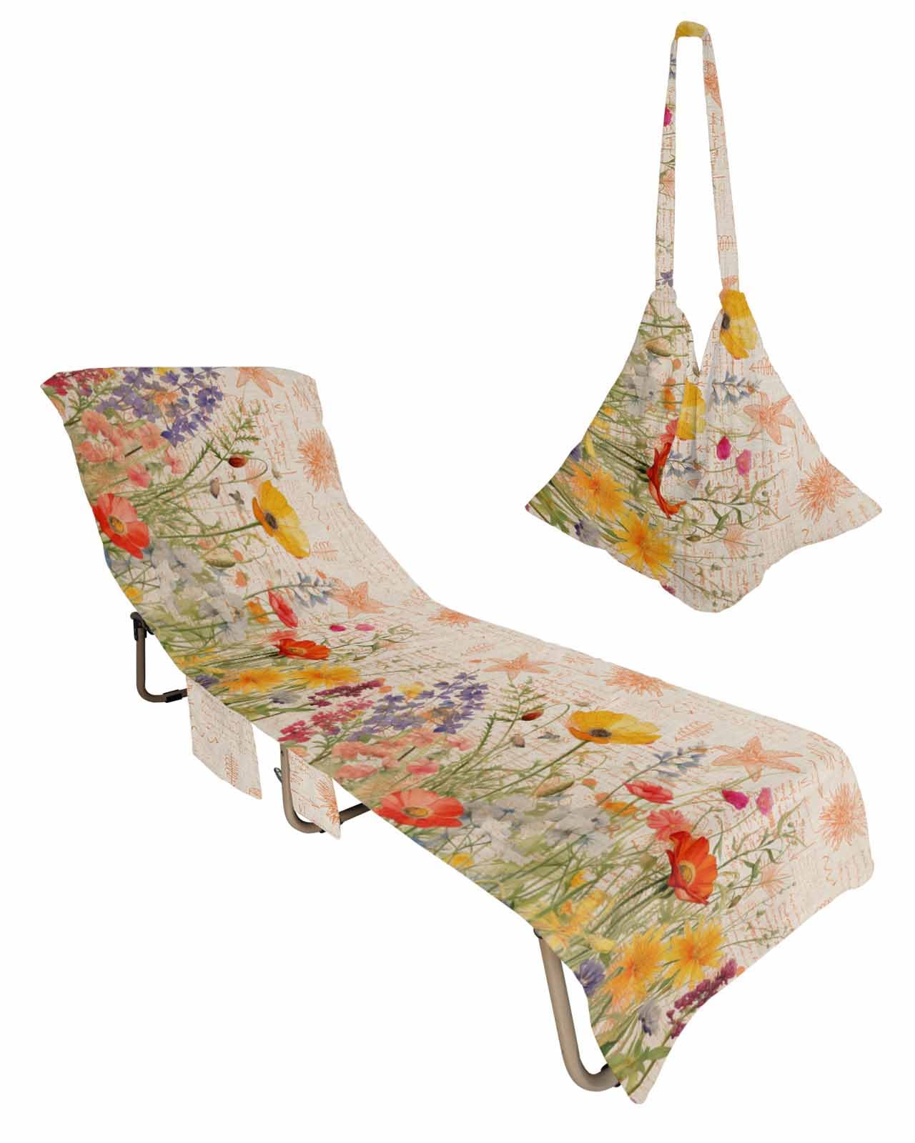 Orange Floral Beach Chair Towel Covers for Chaise Lounge with Side Pocket, Soft Plush Pool Towels Cover for Patio Sunbathing Outdoor Vintage Botanical Wildflower Plant Herbs 29''x85''
