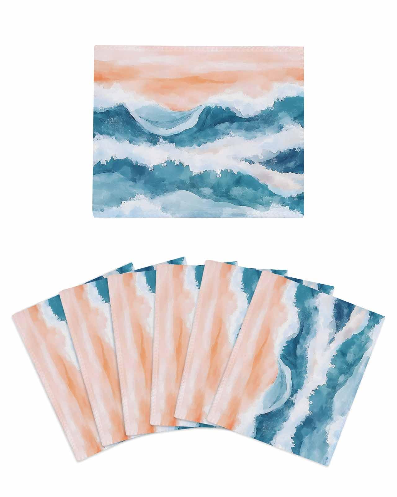 6 Pack Abstract Waves Kitchen Dish Cloths, Spray Orange Blue White Gradient Dishcloths for Kitchen, Reusable Paper Towels, Super Absorbent Quick Drying Washcloths Cleaning Wipes, 6x5 inch