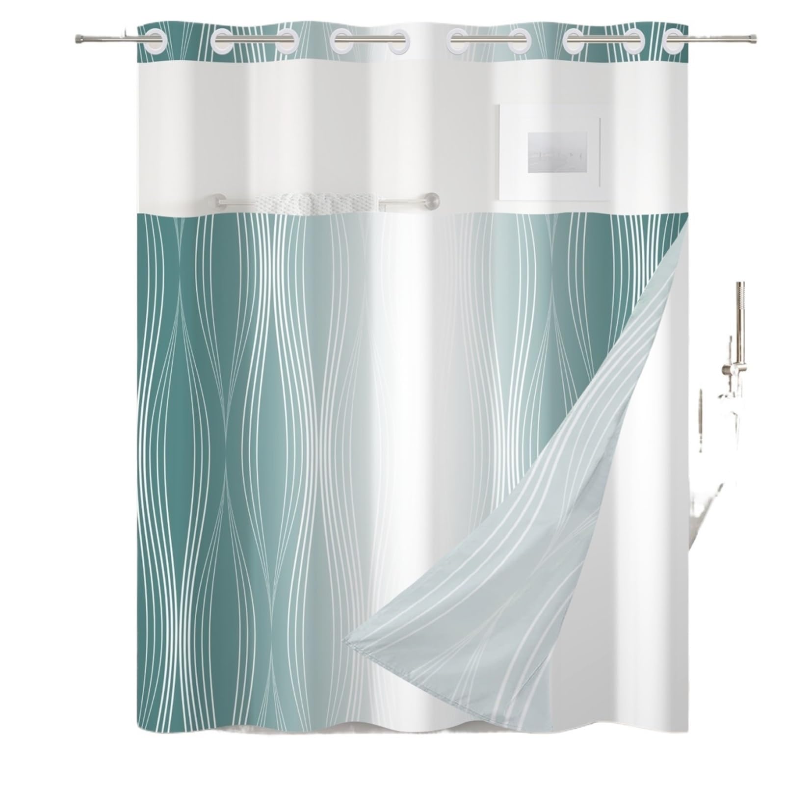 MZSKLW Shower Curtain Solid Color Gradient Shower Curtain Striped Hookless Double Layer With Snap In Removable Liner For Bathroom Bathtubs