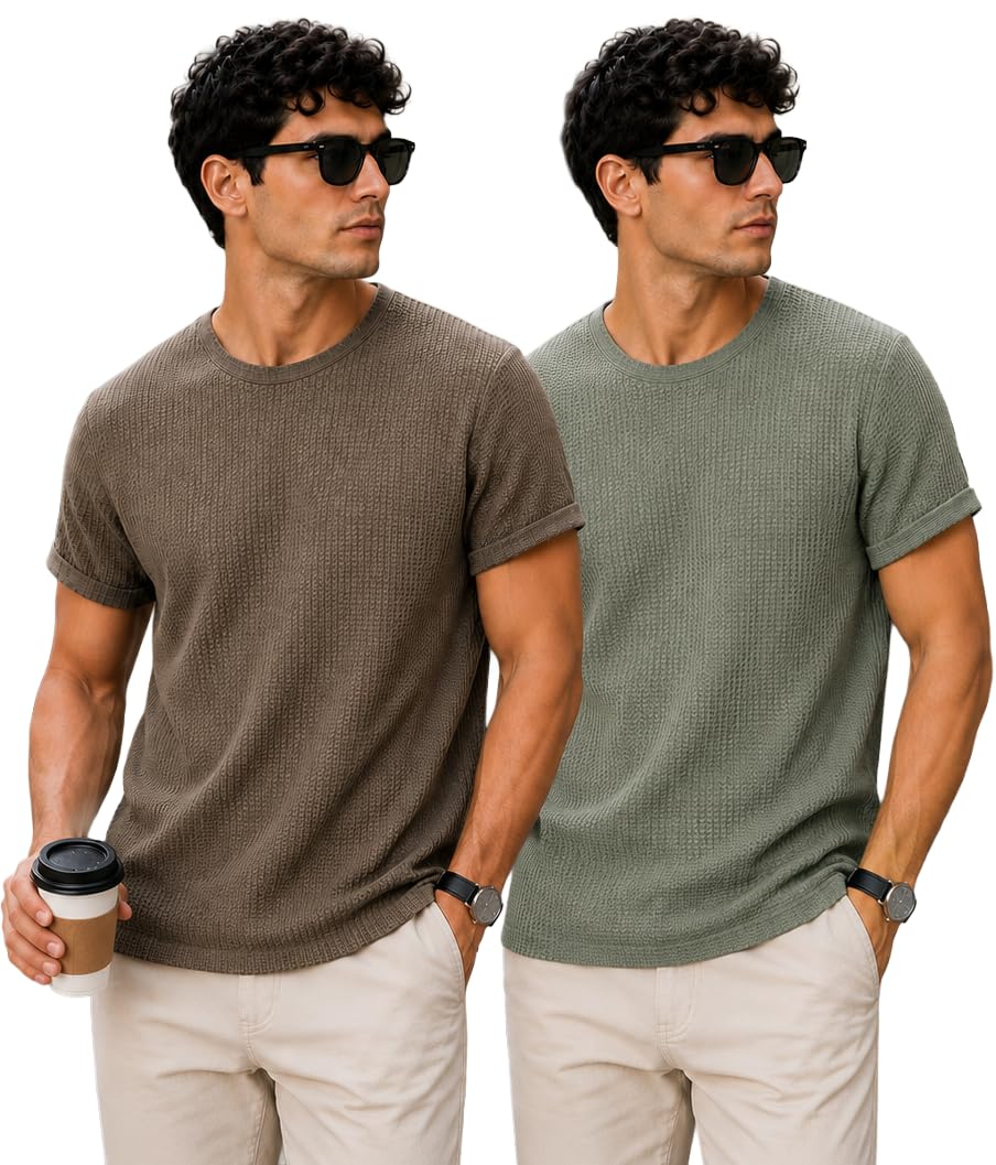 London Hills Men’s Waffle Textured T-Shirt | Solid Regular Fit Round Neck Half Sleeve Casual Wear Tee | Soft, Breathable & Lightweight Fabric