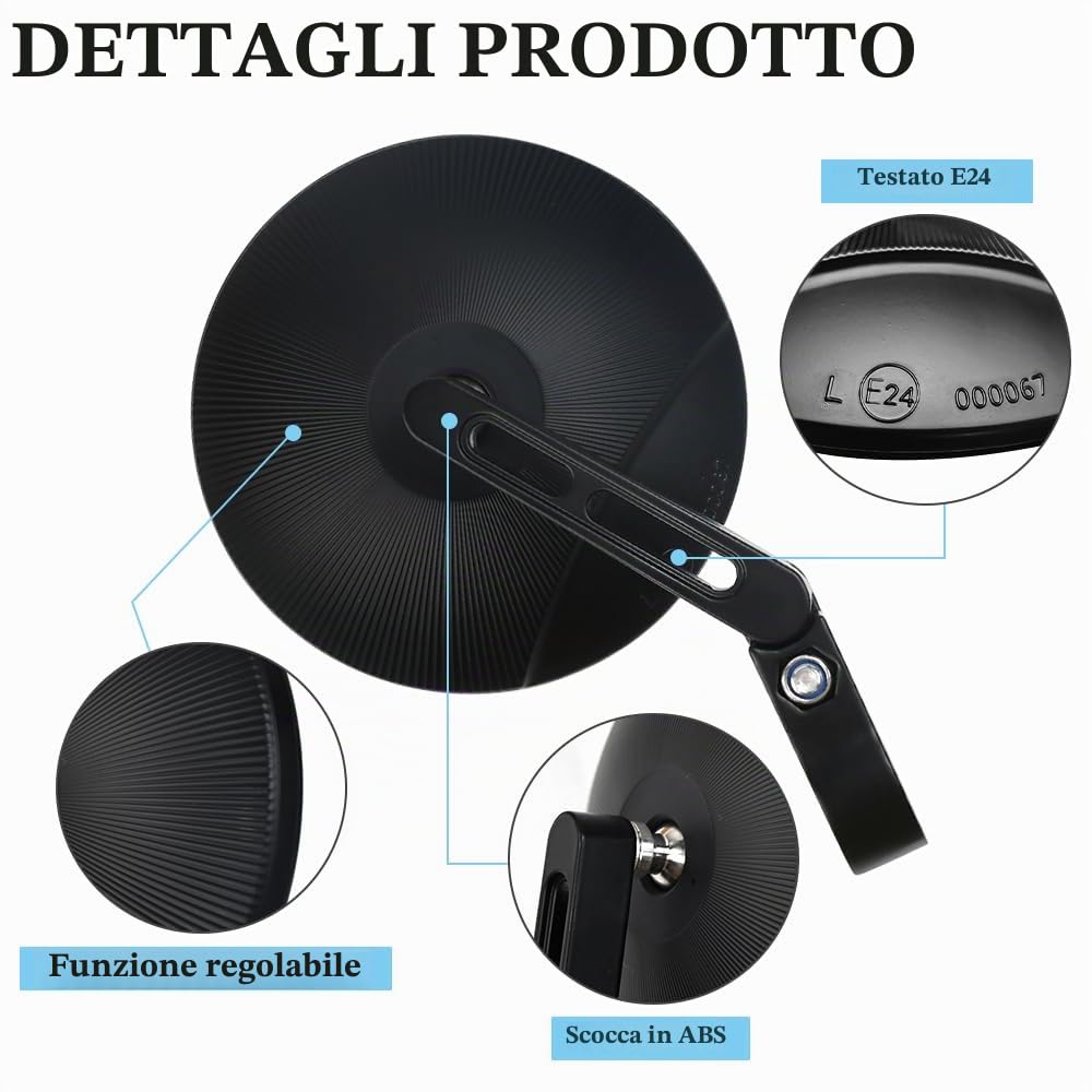 2 Pz Specchietti Moto E24 Omologati Specchietto Laterali Moto Specchietto Retrovisore Manubrio 22-25mm Rotondi Specchie tti Mot o Manubrio Girevole a 360° per Motocicli, Scooter, ATV, Cruiser