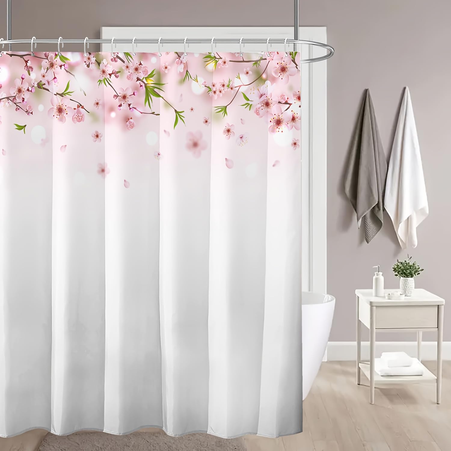 GLWDMB 1 Piece 180x200CM Pink Cherry Blossom Printed Shower Curtain With Hook, Polyester, for Windows And Walls, Bathtub, Bathroom, Machine Washable, All Season Universal