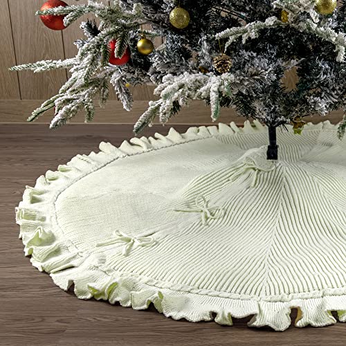 48" Ruffled Knit Christmas Tree Skirt Heavy Yarn Knitted Xmas Tree Collar With Drawstring Closure, Off White #TOP6