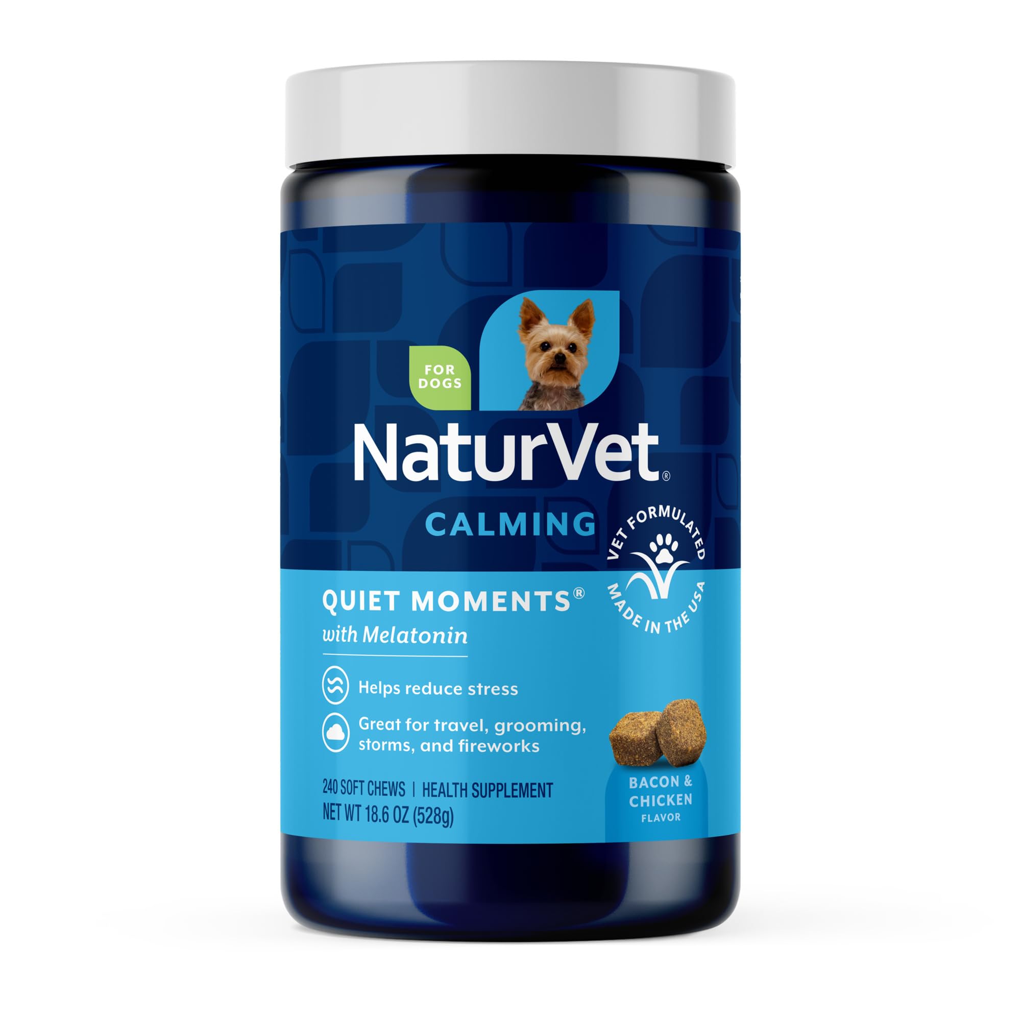 NaturVet Quiet Moments Calming Dog Supplement, Dog Soft Chews with Melatonin to Help Reduce Stress from Storms, the Vet, Fireworks, and Travel, Bacon and Chicken Flavored Pet Supplement, 240 Count Jar
