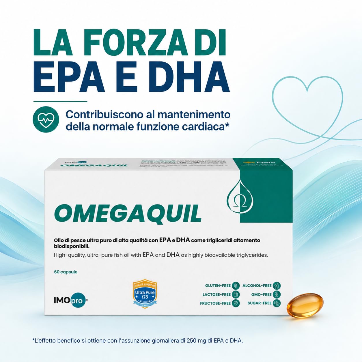 IMOpro Omegaquil 60 Capsule | Omega 3 con EPA e DHA 2:1 | Olio di Pesce Ultra Puro con EPA e DHA 2:1 in Trigliceridi Biodisponibili
