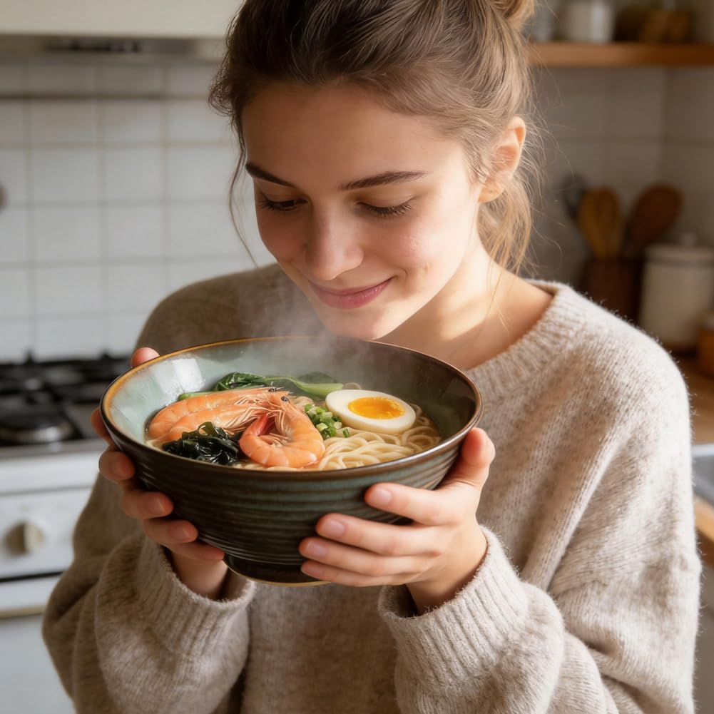 Set di 2 ciotole per ramen in ceramica, 1200 ml, con bacchette e cucchiai, ciotola grande per ramen zuppe, pasta, insalata di frutta (turchese retrò)