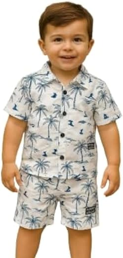 DHWANIX LOOK California Kids Palm Tree Hawaiian Shirt and Shorts Set, White and Blue Tropical Beach Surfer Print, Button-D...