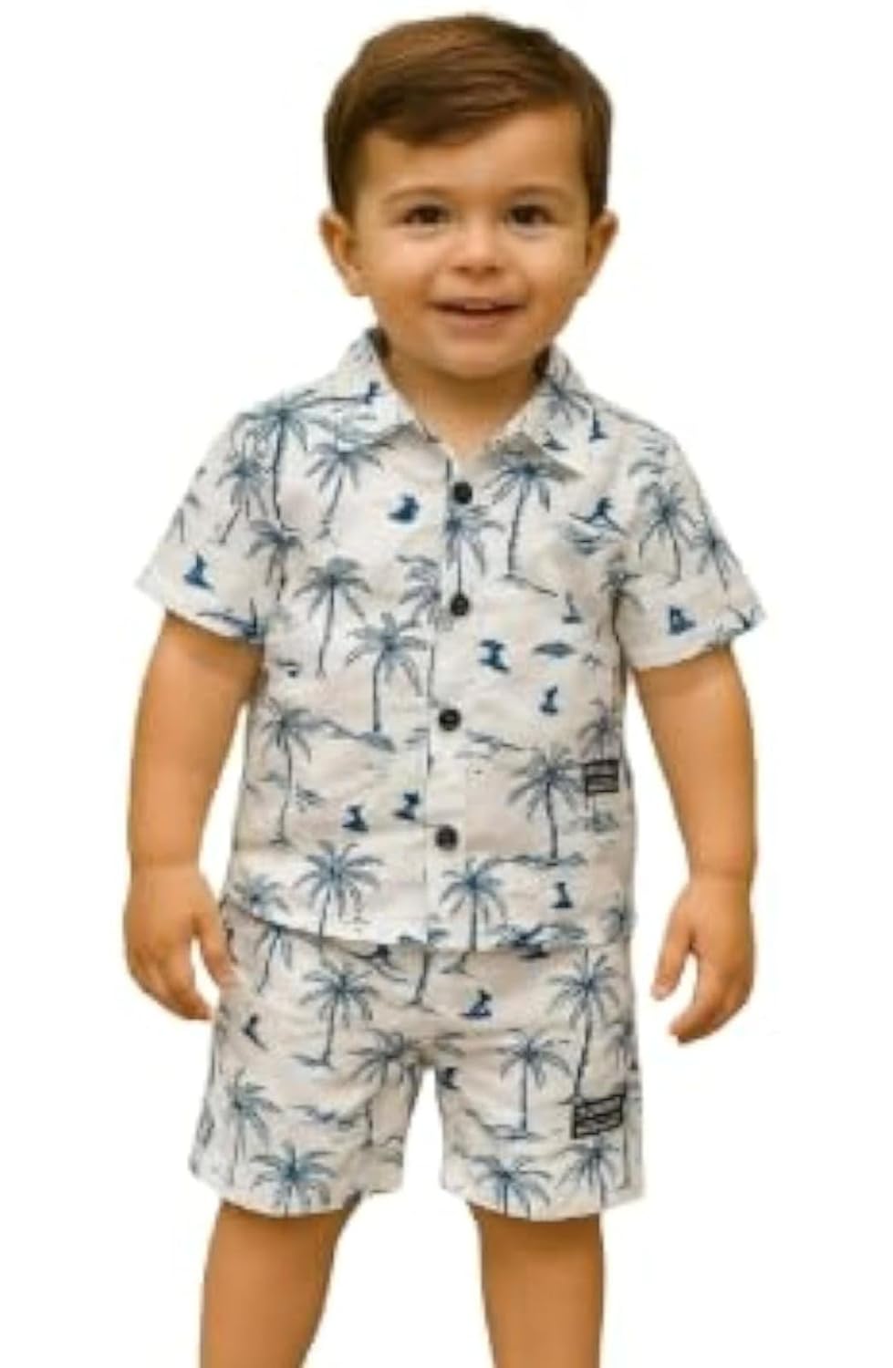 DHWANIX LOOK California Kids Palm Tree Hawaiian Shirt and Shorts Set, White and Blue Tropical Beach Surfer Print, Button-Down Summer Outfit for Boys