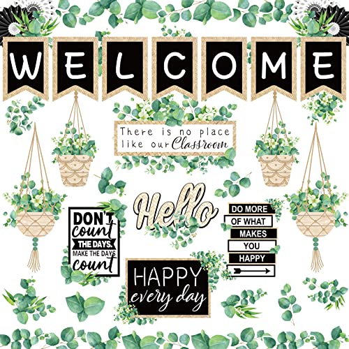 Image of Whaline 29 Pieces Eucalyptus Bulletin Board Set Welcome Banner Simply Boho Bulletin Board Decor Boho Greenery Calendar Cutout Decorations for Back to School Classroom Teacher Supply