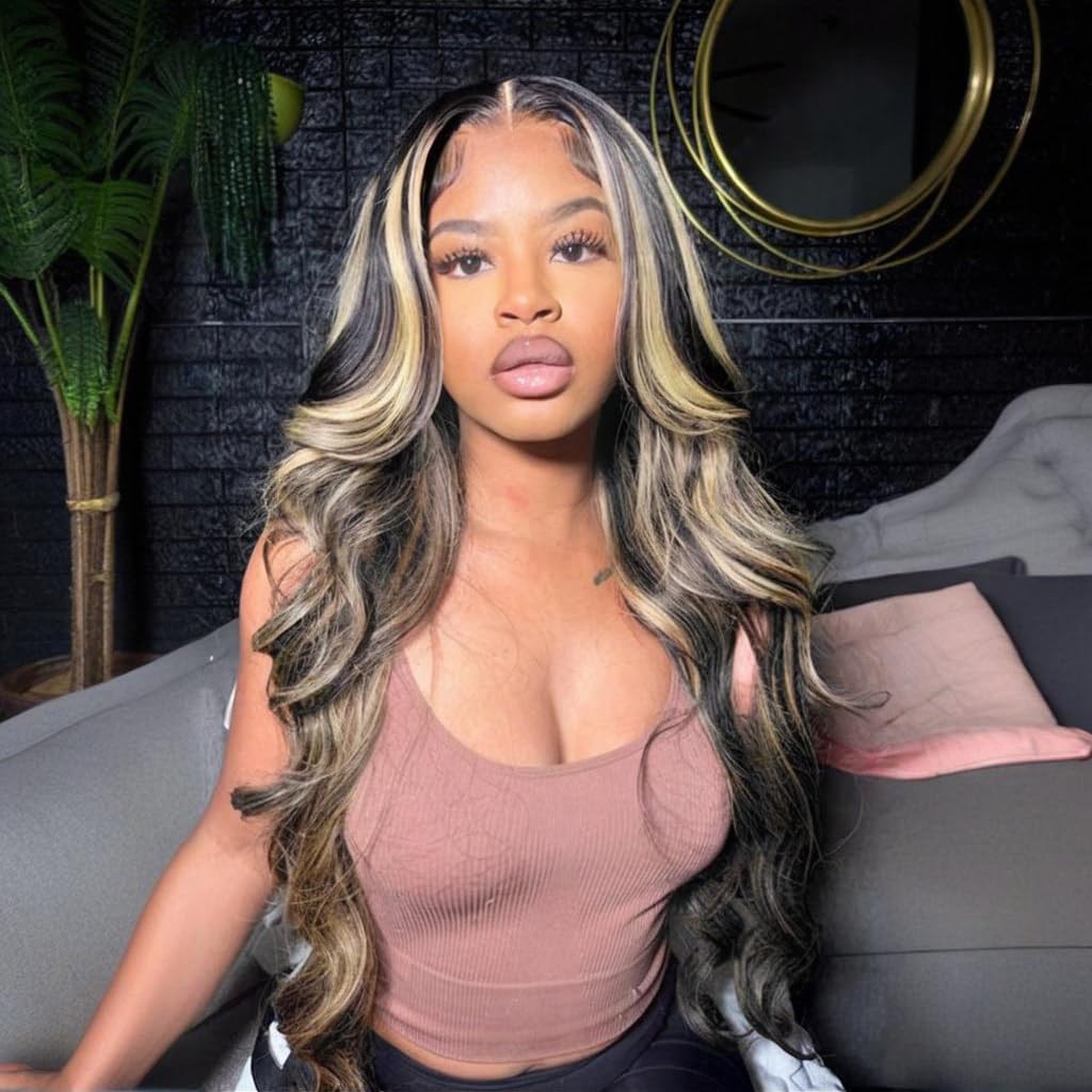 FB/27 Highlight Balayage Lace Front Wigs Human Hair Body Wave Ash Blonde Omber 28 Inch 13x4 HD Lace Front Wig Human Hair Pre Plucked for Black Women 180% Density