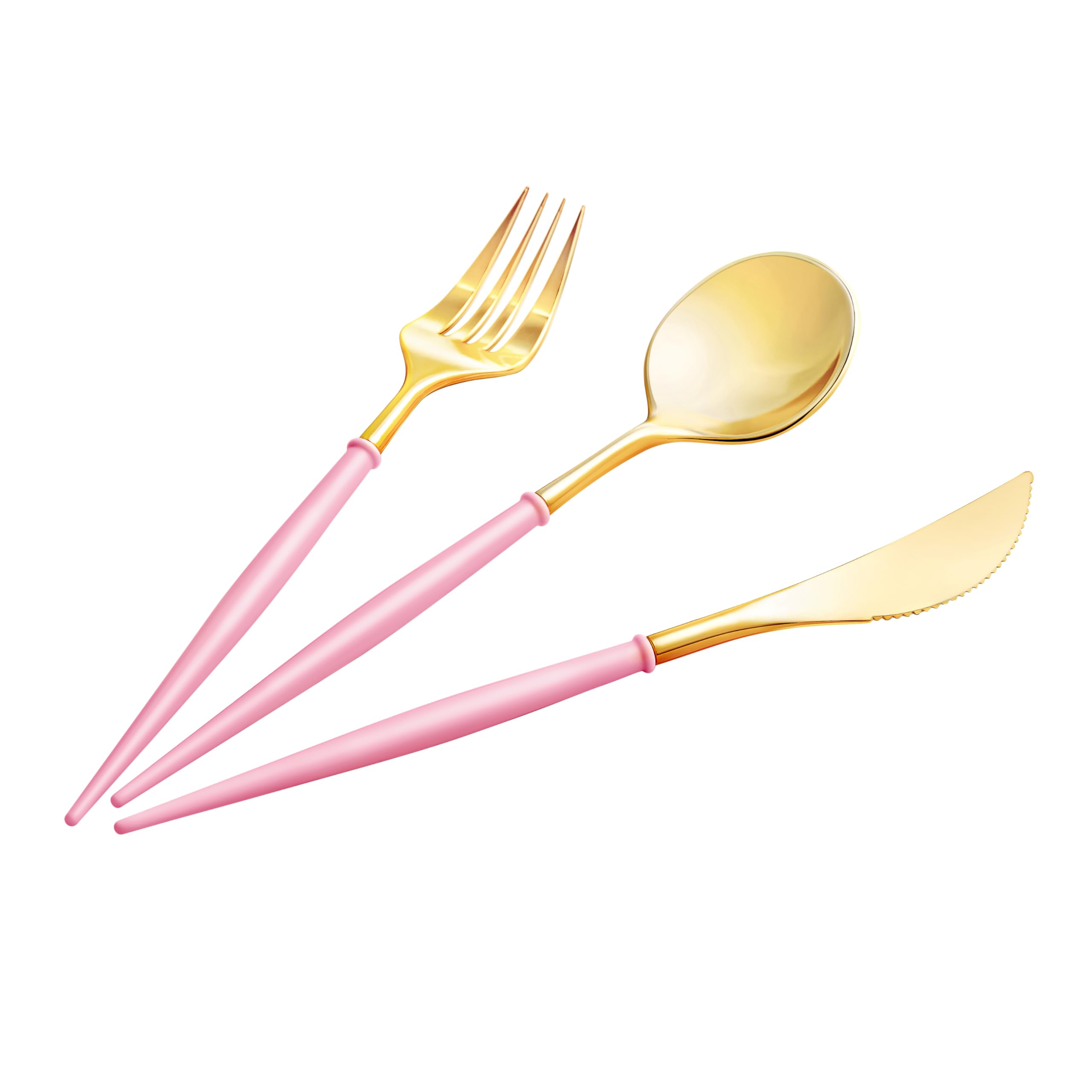 Lullaby 90PCS Gold Plastic Silverware, Gold Disposable Cutlery with Pink Handle Include 30 Forks, 30 Spoons, 30 Knives, Elegant Disposable Silverware for Wedding, Party and Mother's Day
