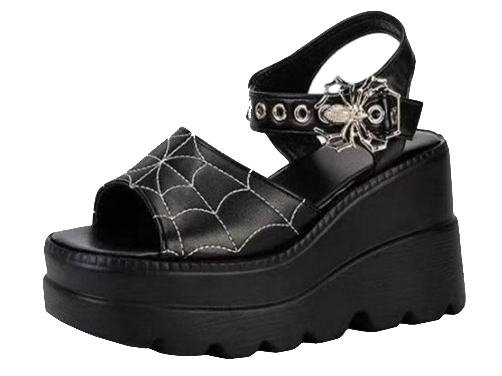 Ulalaza Plateforme de femmes Mary Jane Wedge Bat Heart Chain Sandales Open Toe Toe cheville Gothic Lolita Plateforme Robe Pumps Chaussures Chaussures de plate-forme Chaussures en cuir breveté