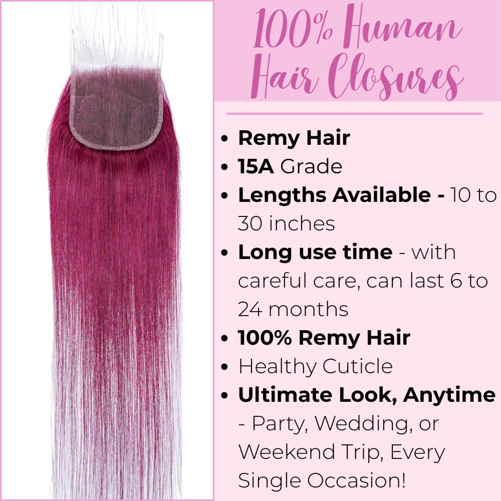 Luxury 4x4 HD Lace Closure Straight – 100% Brazilian Virgin Remy Hair, Free Part Silky Straight Closure, Color 99J Burgundy, 14 Inch, Soft, Smooth & Natural