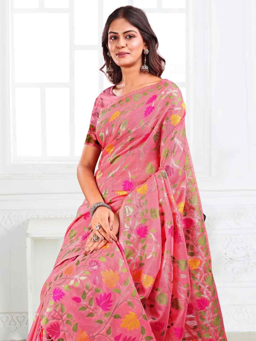 Shiv Textiles Women's Linen Cotton Floral Printed Saree(AUS-ASGUL1004-PINK) 3