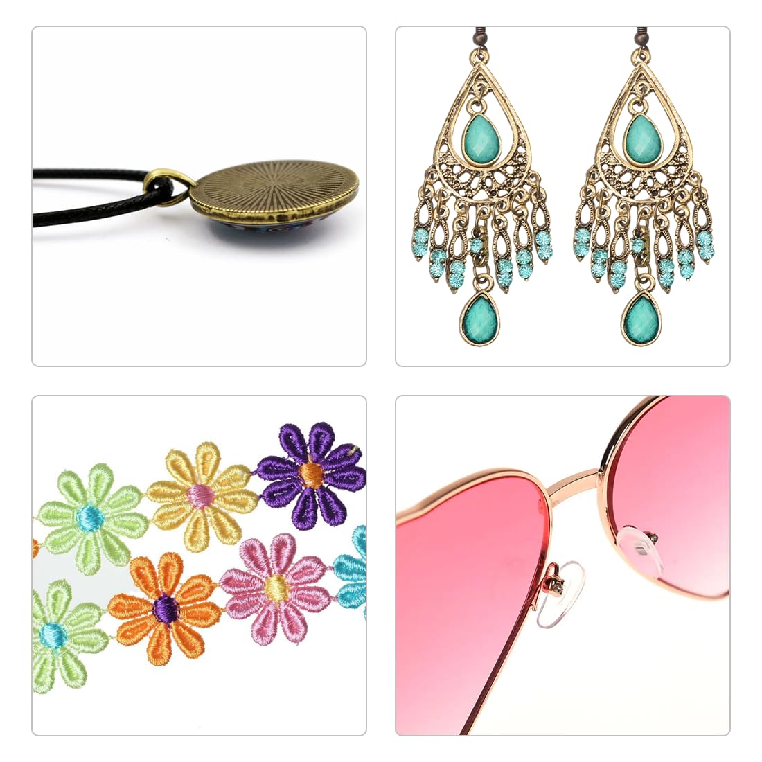 Aurasky Hippie Kostüm Damen, Hippie Fransenweste Brille Peace Halskette Haarband Armband Ohrringe, 70er Jahre Bekleidung Damen, Cowgirl Kostüm für Mottoparty Fasching Karneval