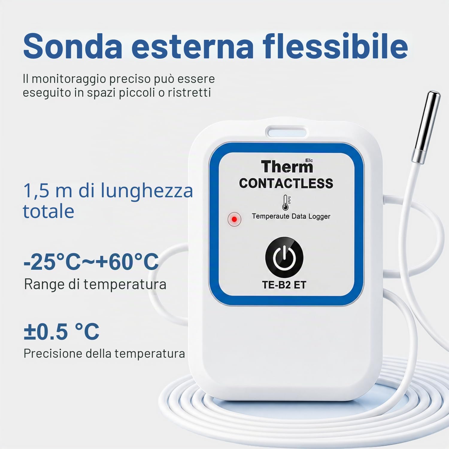 ThermElc TE-B2 ET Registratore di dati di temperatura Bluetooth con sonda esterna, conforme alla norma EN12830, report PDF/CSV, calcolo MKT, registratore di studi clinici wireless riutilizzabile
