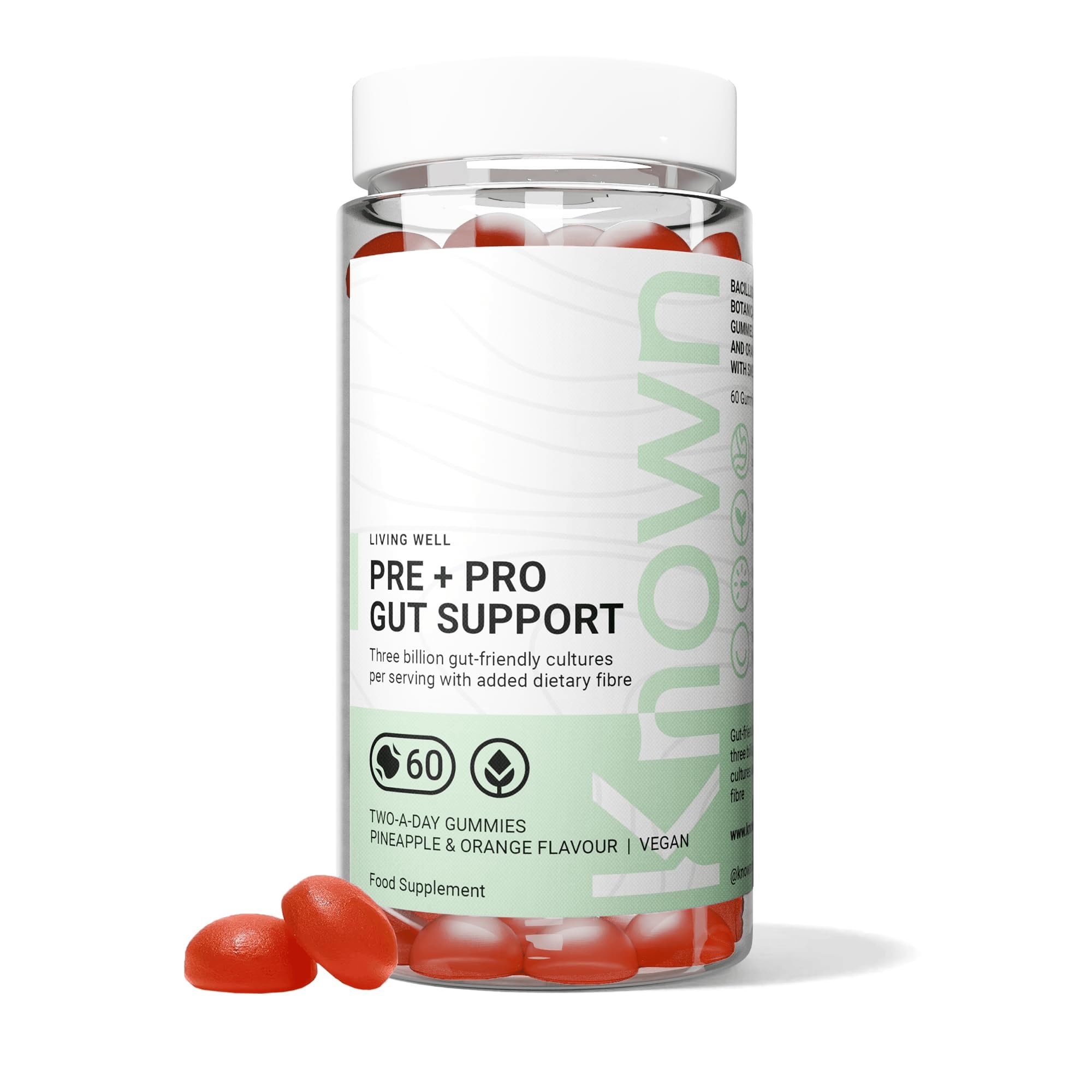 Delicious Pre+ Probiotic Gummies by Known - 3 Billion CFU Bacillus Coagulans - Natural Pineapple & Orange Flavour - 60 Vegan Gummies, 1 Month