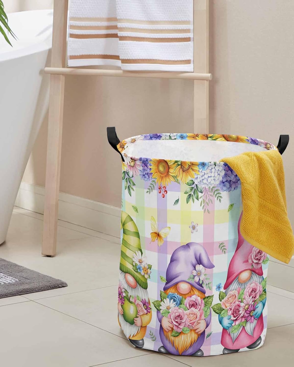 Collapsible Laundry Basket 60L, Watercolor Floral Gnomes Storage Bin Laundry Hamper with Handles, Spring Flowers Butterflies Grid Waterproof Clothes Baskets for Bathroom/Bedroom 16.5 x 17 In