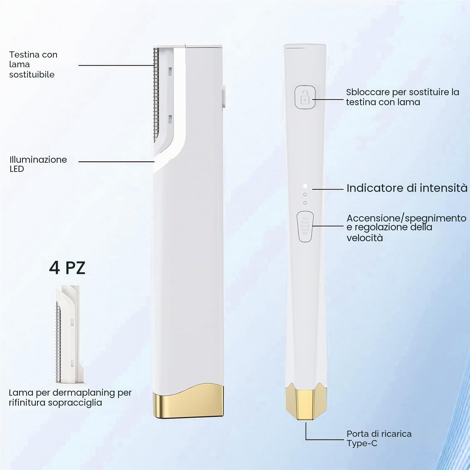 Rasoio Dermaplane Sonic，Rimozione Peli Viso 3 Velocità Ricaricabile per Donne con LED & 5 Lame di Ricambio - Rimozione Gentile Lanugine Pesca & Esfoliazione, Ricarica USB