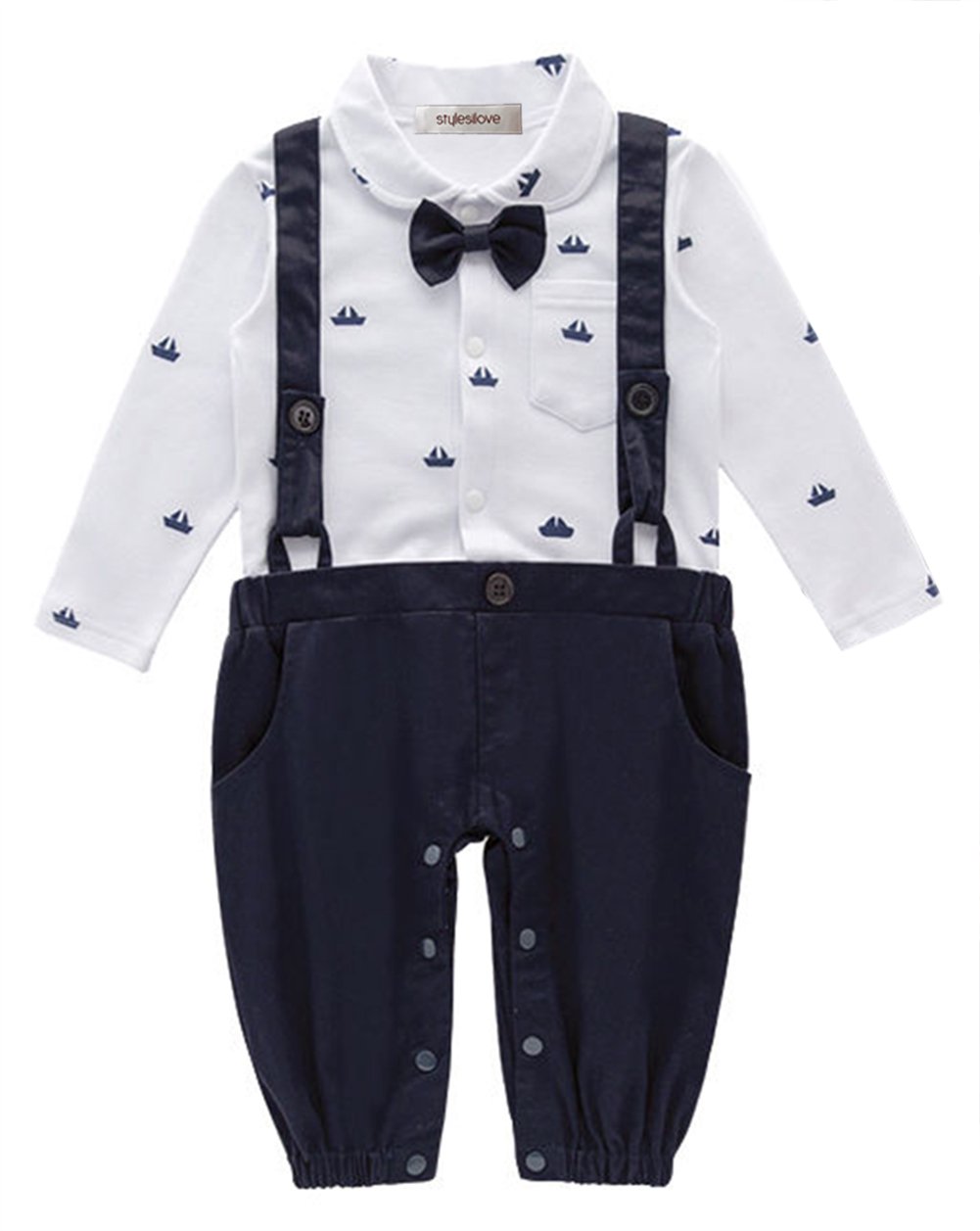 stylesilove Newborn Infant Toddler Sailor Boat Print Faux Suspender Formal Wear Baby Boy Romper (95/18-24 Months, Navy Blue)