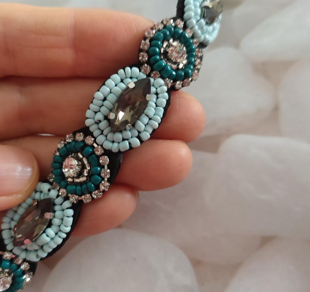 Vintage Blue Beaded Handmade Headband with Rhinestone Buckle Vintage Blue Velvet Rhinestone Headband, Re-embellished Hair  main image 4